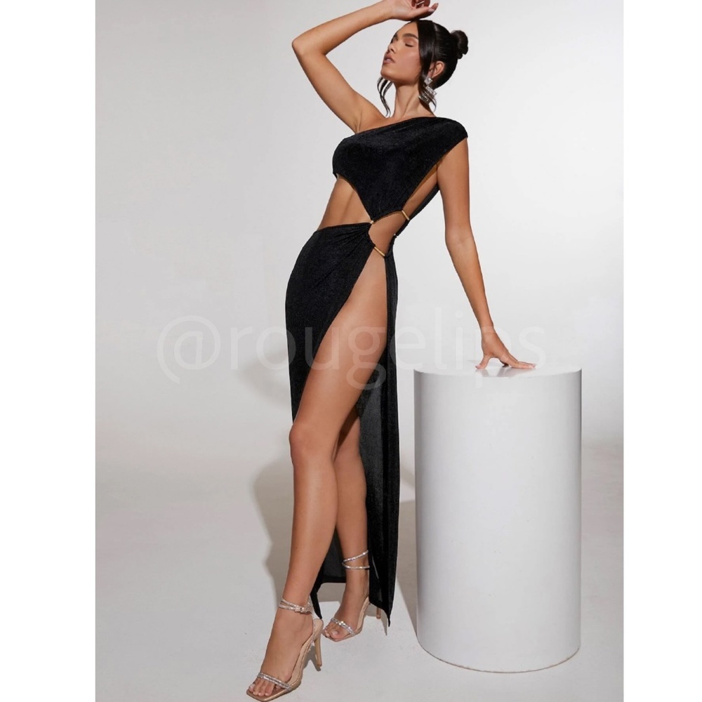 Black Cutout Asymmetrical Dress One Shoulder Open Side Gold Rope Detail